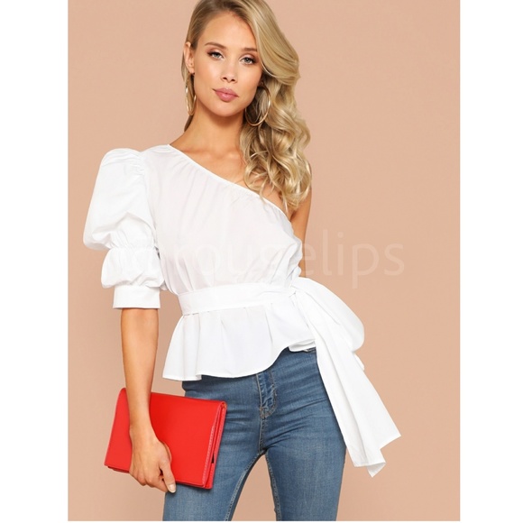 Cotton Blend White One Shoulder Top Tie Belt Puff Short Sleeve Peplum Style - Picture 6 of 7